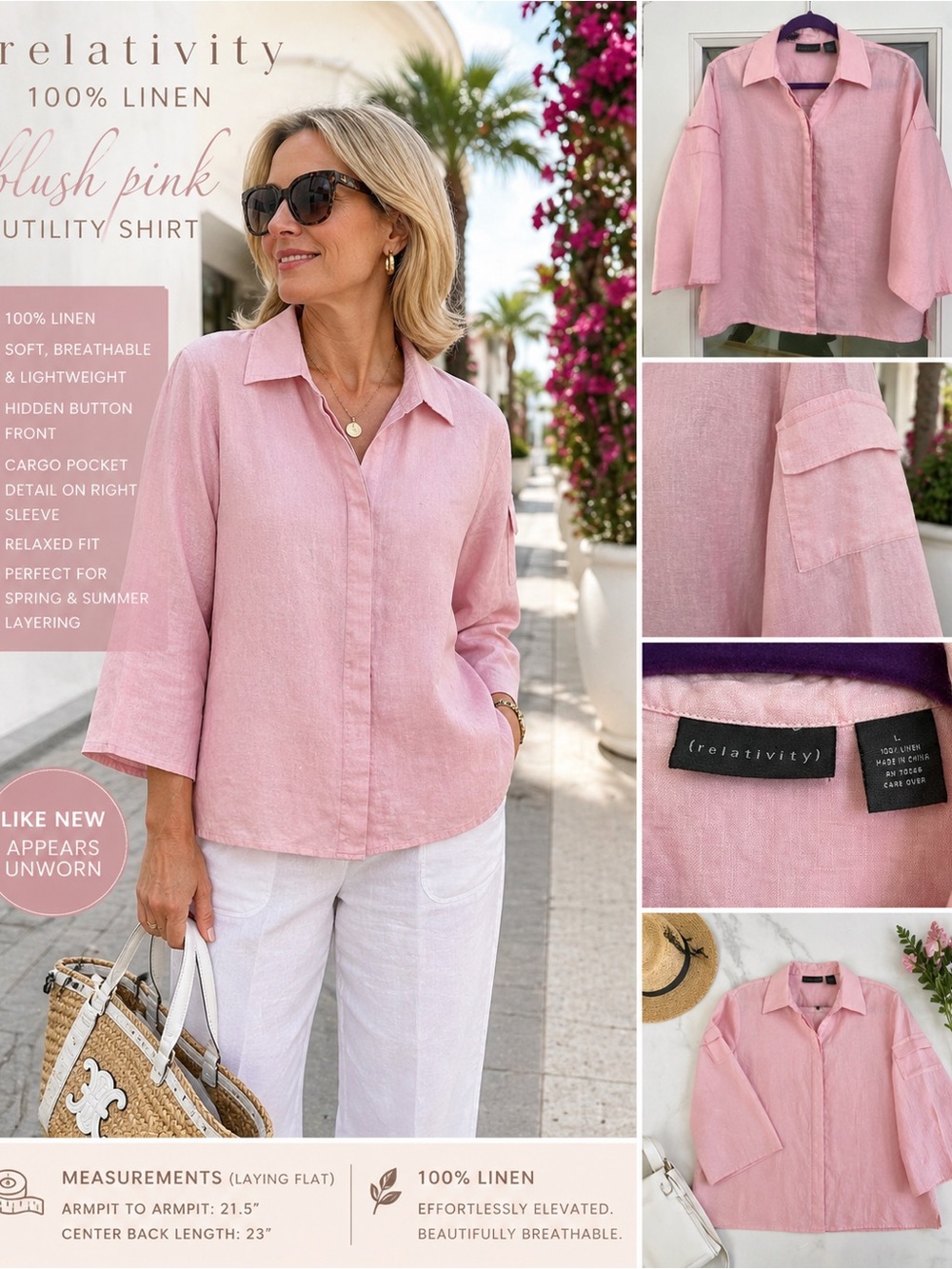 Relativity 100% Linen Blush Pink Utility Cargo Pocket Button Front Shirt Top L